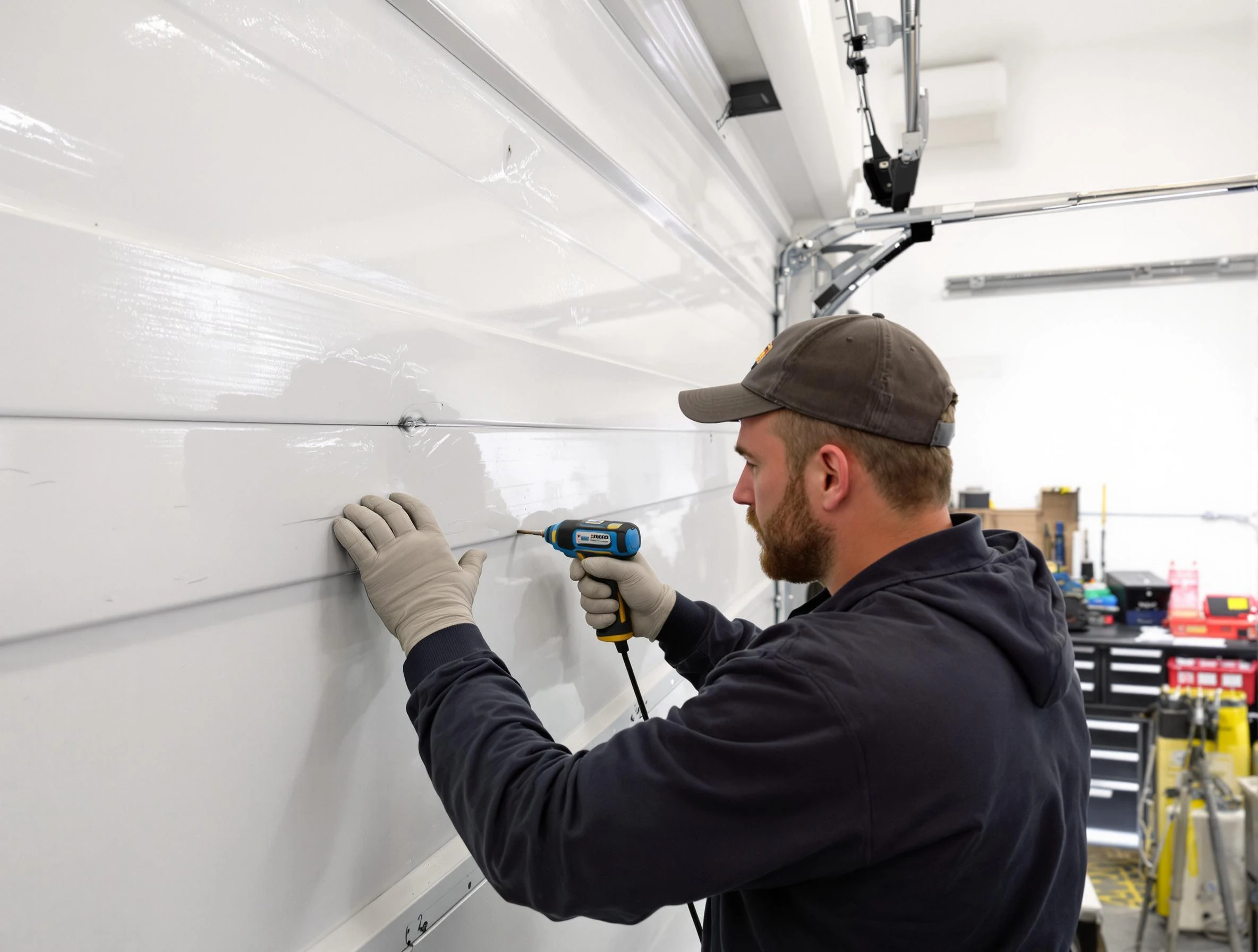 Gresham Park Garage Door Repair technician demonstrating precision dent removal techniques on a Gresham Park garage door